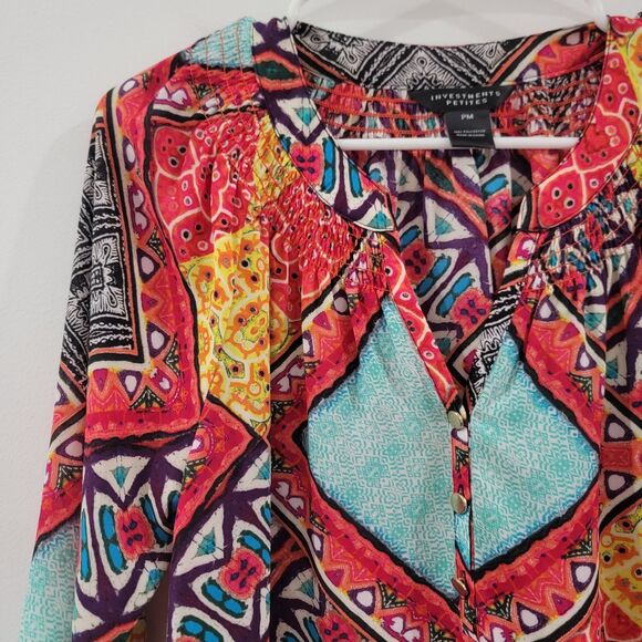 Womens Top Size Petite Medium Colorful Floral Patchwork Lightweight - Picture 3 of 6